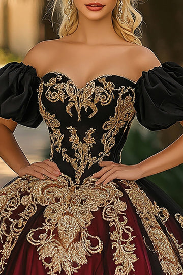 Robe de bal bordeaux et noire à épaules dénudées Organza à manches bouffantes